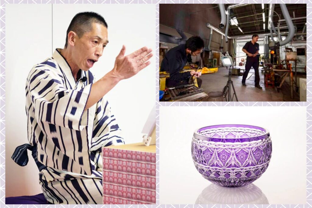 講談の様子、薩摩切子工場の風景、復元40周年記念の薩摩切子を組み合わせたイベントビジュアル