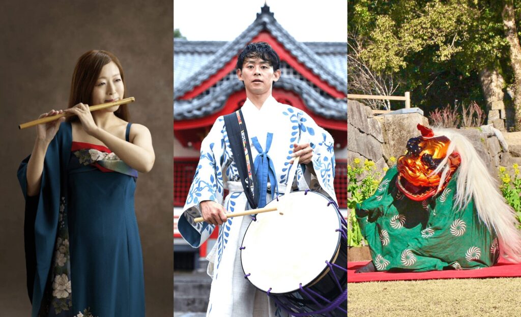 仙巌園で披露される獅子舞の演舞、和太鼓と篠笛の演奏。いずれも菊まつり期間中に行われる行催事。