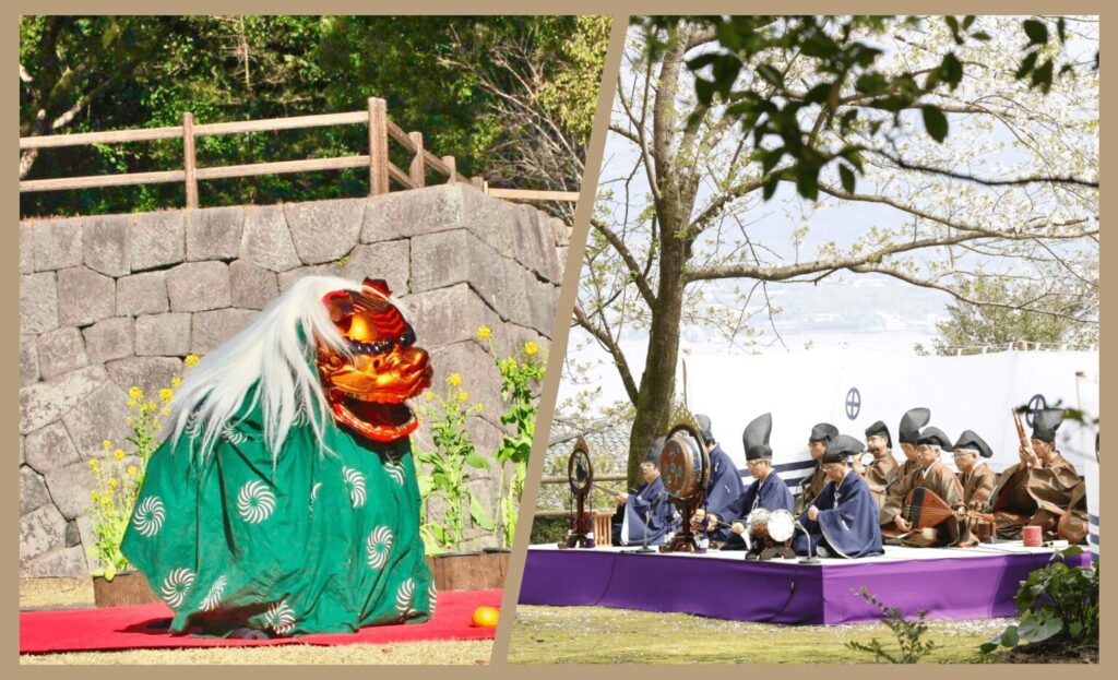仙巌園で行われる獅子舞の披露（左）と、薩摩雅会による雅楽の演奏（右）の様子。菊まつり期間中の特別行催事として開催。