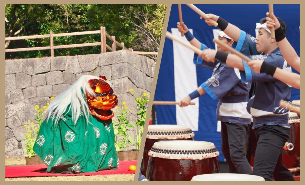 仙巌園で行われる獅子舞の披露（左）と、野田郷島津太鼓の演奏（右）の様子。菊まつり期間中の特別行催事として開催。